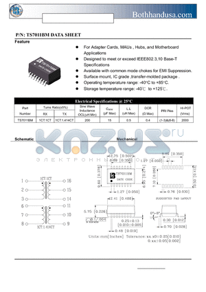 TS7011BM datasheet - 10 BASE-T SMD ISOLATION TRANSFORMER