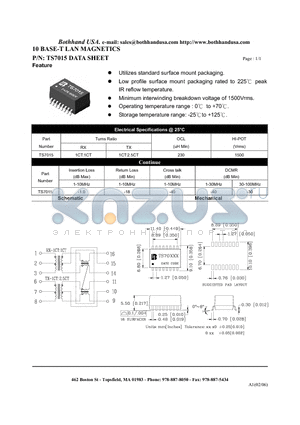 TS7015 datasheet - 10 BASE-T LAN MAGNETICS