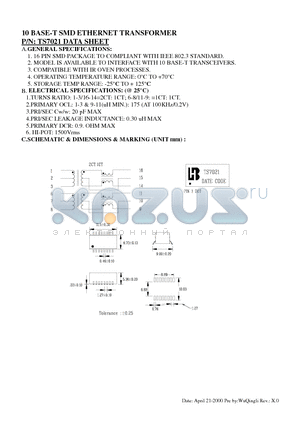 TS7021 datasheet - 10 BASE-T SMD ETHERNET TRANSFORMER