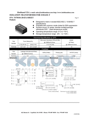 TS7010A datasheet - ISOLATION TRANSFORMER FOR 10 BASE-T