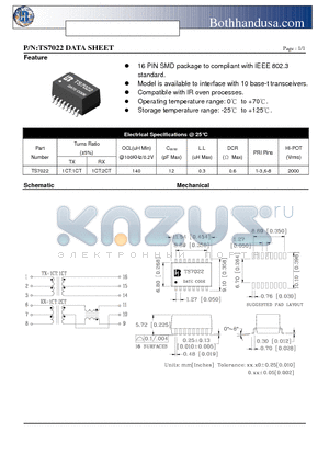 TS7022 datasheet - 10 BASE-T SMD ETHERNET TRANSFORMER