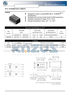 TS7010B datasheet - 10 BASE-T ISOLATION TRANSFORMER