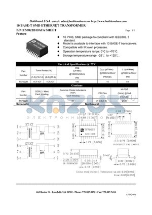 TS7022B datasheet - 10 BASE-T SMD ETHERNET TRANSFORMER