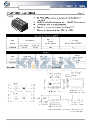 TS7022BM datasheet - 10 BASE-T SMD ETHERNET TRANSFORMER