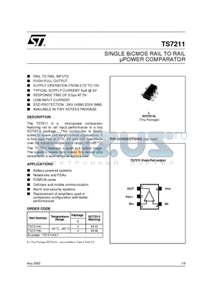 TS7211 datasheet - SINGLE BiCMOS RAIL TO RAIL lPOWER COMPARATOR