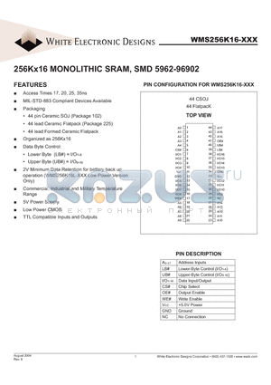 WMS256K16-17DLCA datasheet - 256Kx16 MONOLITHIC SRAM, SMD 5962-96902