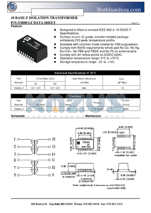 TS800LF datasheet - 10 BASE-T ISOLATION TRANSFORMER