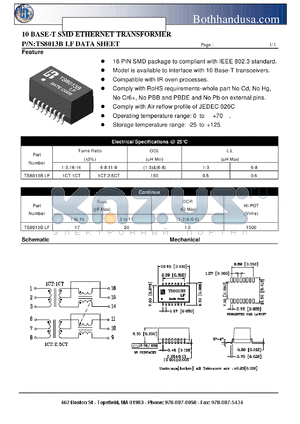 TS8013BLF datasheet - 10 BASE-T SMD ETHERNET TRANSFORMER