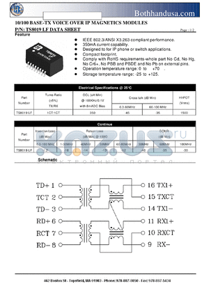 TS8019LF datasheet - 10/100 BASE-TX VOICE OVER IP MAGNETICS MODULES