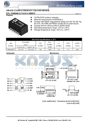 TS8026BLF datasheet - 10BASE-T,SMD ETHERNET TRANSFORMER