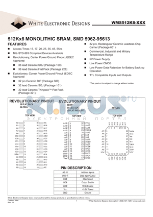 WMS512K8-15CLC datasheet - 512Kx8 MONOLITHIC SRAM, SMD 5962-95613