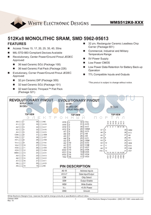 WMS512K8L-15FQ datasheet - 512Kx8 MONOLITHIC SRAM, SMD 5962-95613