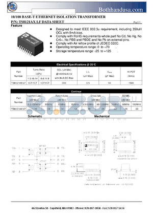 TS8121AXLF datasheet - 10/100 BASE-T ETHERNET ISOLATION TRANSFORMER