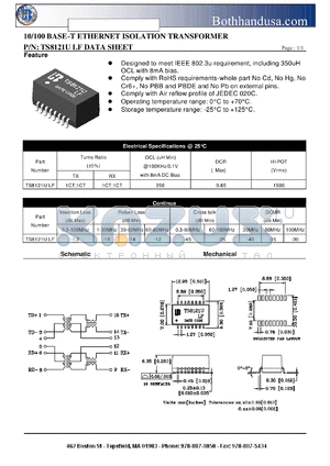 TS8121ULF datasheet - 10/100 BASE-T ETHERNET ISOLATION TRANSFORMER