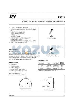 TS821AIZ datasheet - 1.225V MICROPOWER VOLTAGE REFERENCE