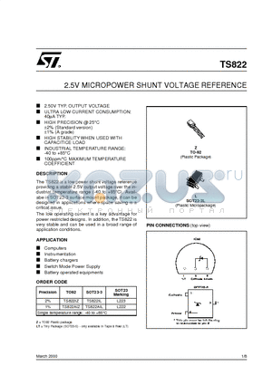 TS822 datasheet - 2.5V MICROPOWER SHUNT VOLTAGE REFERENCE