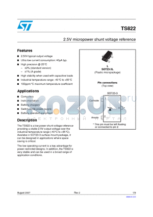 TS822AILT datasheet - 2.5V micropower shunt voltage reference