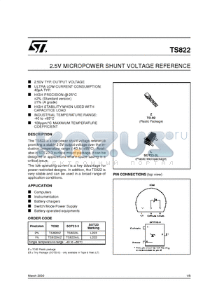 TS822AIZ datasheet - 2.5V MICROPOWER SHUNT VOLTAGE REFERENCE