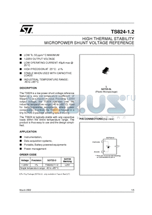 TS824-1.2 datasheet - HIGH THERMAL STABILITY MICROPOWER SHUNT VOLTAGE REFERENCE