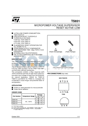 TS831-3IDT datasheet - MICROPOWER VOLTAGE SUPERVISOR RESET ACTIVE LOW