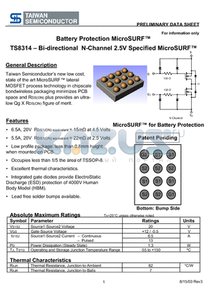 TS8314 datasheet - Bi-directional N-Channel 2.5V Specified MicroSURF