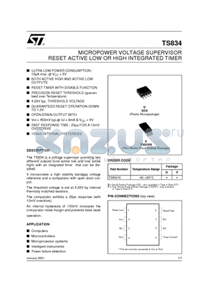 TS834-5I datasheet - MICROPOWER VOLTAGE SUPERVISOR RESET ACTIVE LOW OR HIGH INTEGRATED TIMER