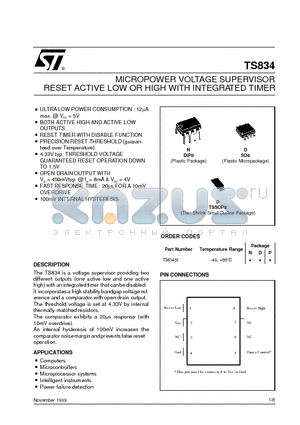 TS834 datasheet - MICROPOWER VOLTAGE SUPERVISOR RESET ACTIVE LOW OR HIGH WITH INTEGRATED TIMER