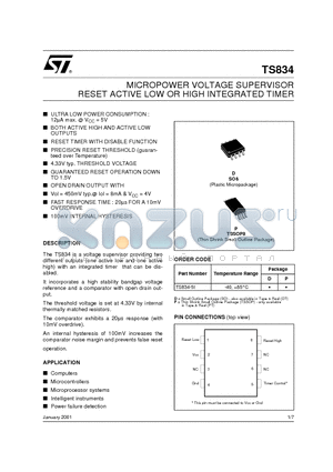 TS834_01 datasheet - MICROPOWER VOLTAGE SUPERVISOR RESET ACTIVE LOW OR HIGH INTEGRATED TIMER