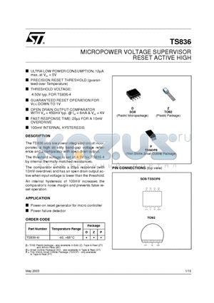 TS836 datasheet - MICROPOWER VOLTAGE SUPERVISOR RESET ACTIVE HIGH