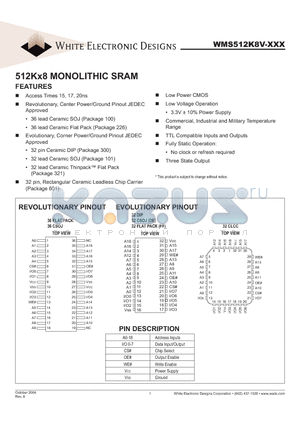 WMS512K8V-17CLCA datasheet - 512Kx8 MONOLITHIC SRAM