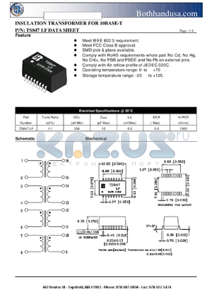 TS847LF datasheet - INSULATION TRANSFORMER FOR 10BASE-T