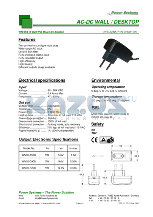 WN05-050B datasheet - AC-DC WALL / DESKTOP 5 Watt Wall Mount AC Adapter