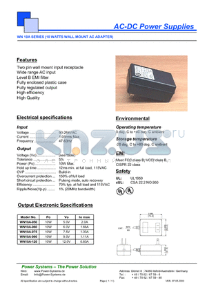 WN10A-050 datasheet - AC-DC Power Supplies 10 WATTS WALL MOUNT AC ADAPTER