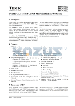 TS87C51U2 datasheet - Double UART 8-bit CMOS Microcontroller, 0-60 MHz