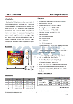 TS8GCF600 datasheet - 600X CompactFlash Card