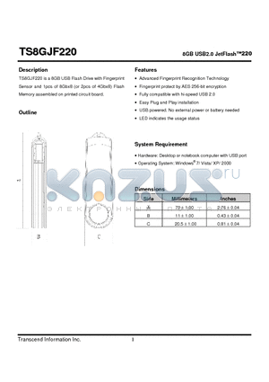 TS8GJF220 datasheet - 8GB USB2.0 JetFlash220