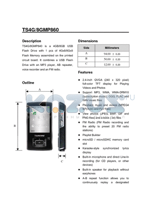 TS8GGMP860 datasheet - 4GB/8GB USB Flash Drive