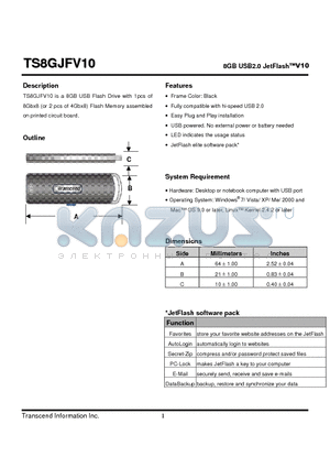 TS8GJFV10 datasheet - 8GB USB2.0 JetFlashV10