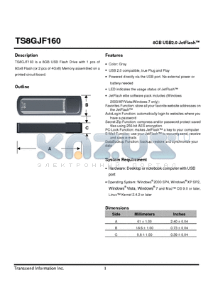 TS8GJF160 datasheet - 8GB USB2.0 JetFlash