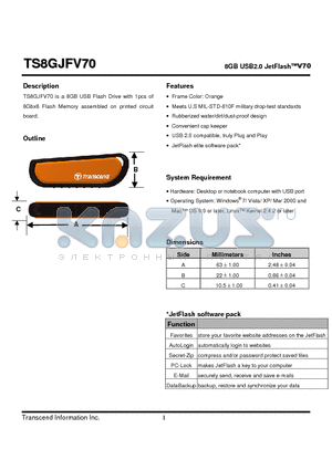 TS8GJFV70 datasheet - 8GB USB2.0 JetFlashV70