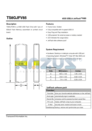 TS8GJFV85 datasheet - 8GB USB2.0 JetFlashV85