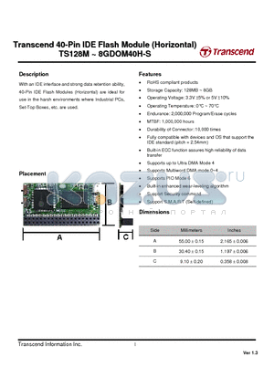 TS8GDOM40H-S datasheet - 40-Pin IDE Flash Module (Horizontal)