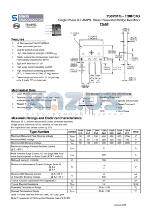 TS8P05G datasheet - Single Phase 8.0 AMPS. Glass Passivated Bridge Rectifiers