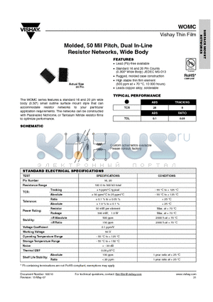 WOMCT1XX-XXXT5 datasheet - Molded, 50 Mil Pitch, Dual In-Line Resistor Networks, Wide Body