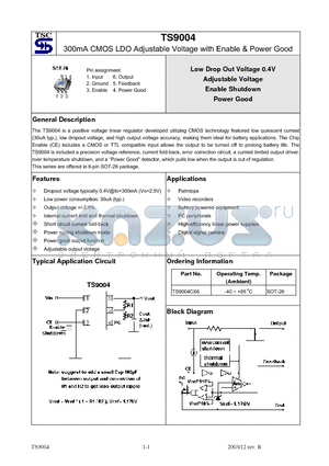 TS9004 datasheet - 300mA CMOS LDO Adjustable Voltage with Enable & Power Good