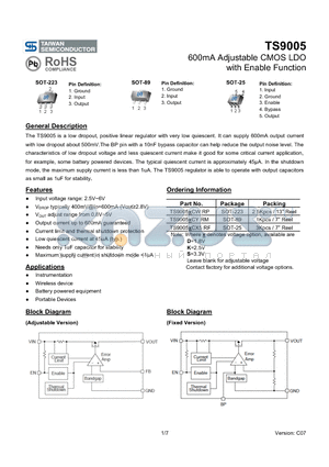 TS9005DCX5 datasheet - 600mA Adjustable CMOS LDO with Enable Function