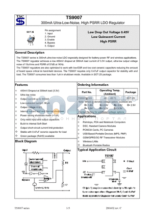 TS9007XCX5 datasheet - 300mA Ultra-Low-Noise, High PSRR LDO Regulator