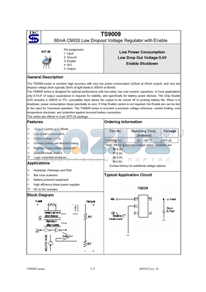 TS9009 datasheet - 80mA CMOS Low Dropout Voltage Regulator with Enable