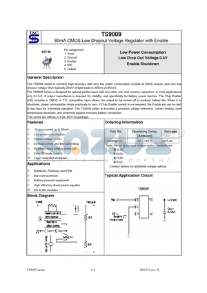 TS90095CX5 datasheet - 80mA CMOS Low Dropout Voltage Regulator with Enable