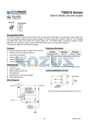 TS9010 datasheet - 150mA CMOS LDO with Enable